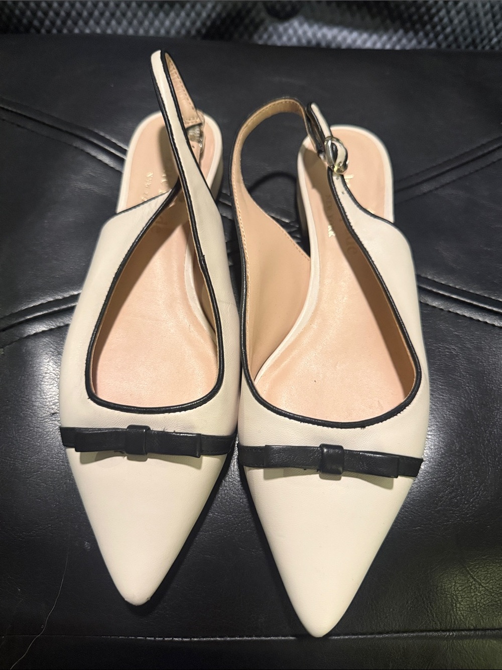 kate spade Cream Pointed-Toe Slingback Flats with Black Trim